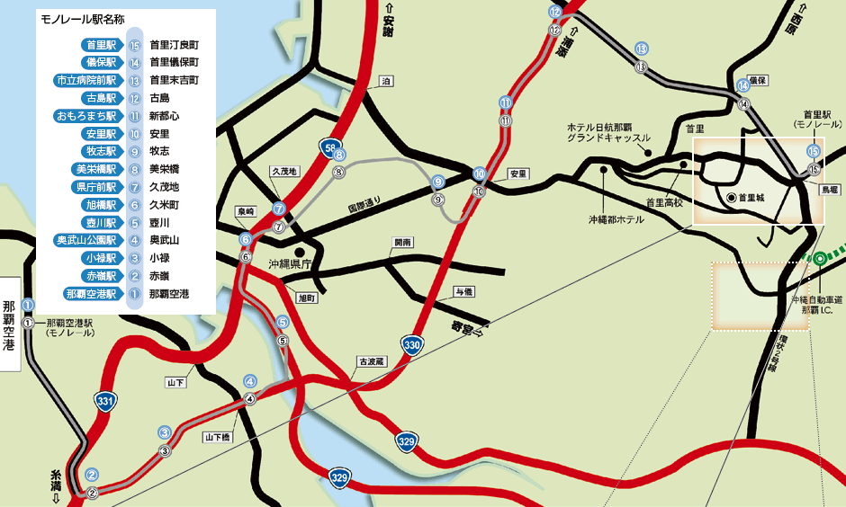 ［地図］モノレール路線図と道路交通案内