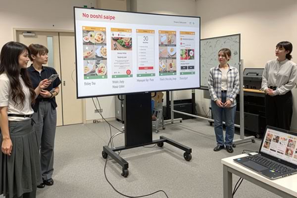 ［写真］コンピュータ室でプレゼンテーションを行う学生たち